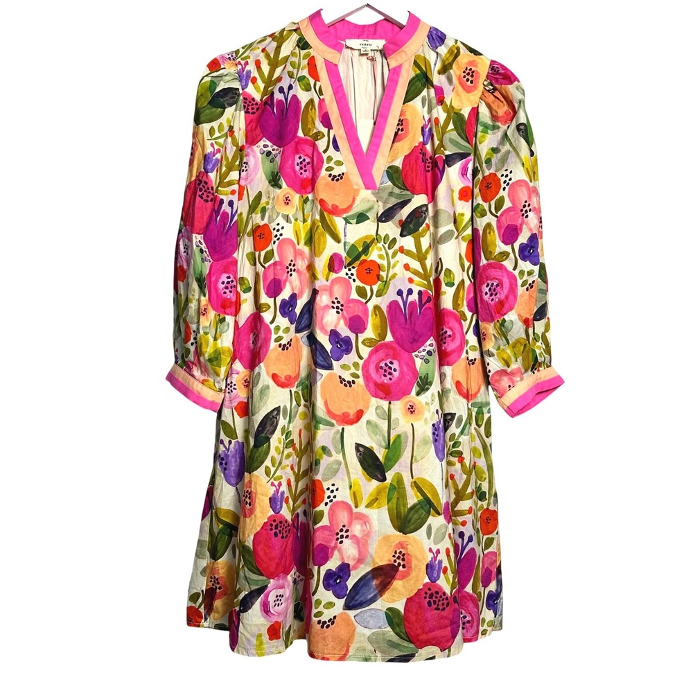NWT Entro Women Floral Berry Cotton Mini Dress V-Neck 3/4 Sleeve Pink Multi S